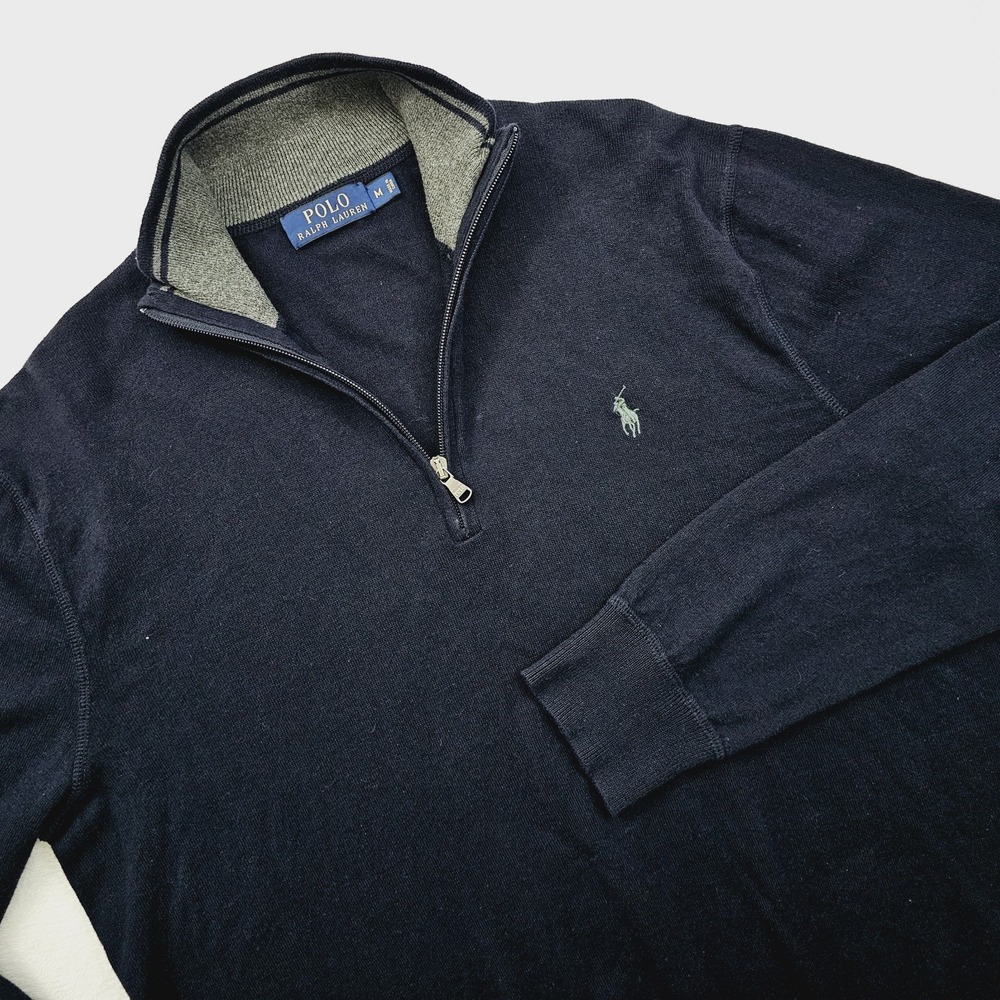 Polo Ralph Lauren‎ Sweater Mens Medium Blue Navy Quarter Zip Mock Neck Pony Logo